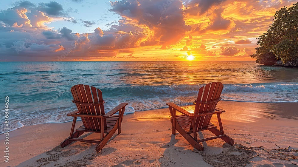 two chairs overlook the beach with sunset views