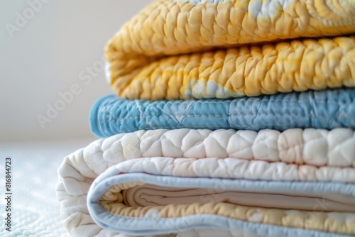 Stack of folded quilts on a bed, suitable for home decor