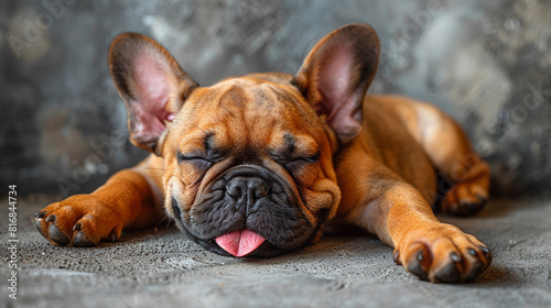 A close-up of a lying sleeping red bulldog puppy.