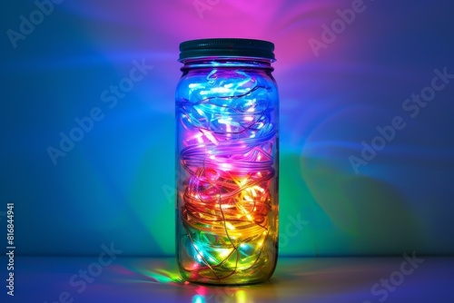 Glass jar filled with glowing multicolored led lights against a luminous colorful backdrop