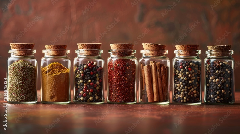 A collection of aromatic spices in various glass jars, lined up against an earthtoned background, capturing culinary essentials
