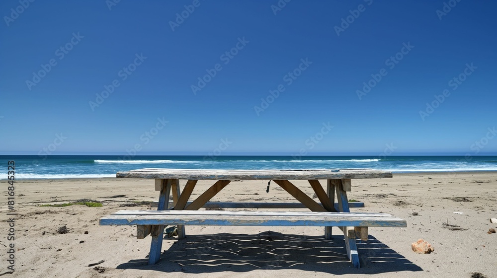 Wooden picnic table on sandy beach with ocean view. Wooden picnic table on sandy beach with ocean view.