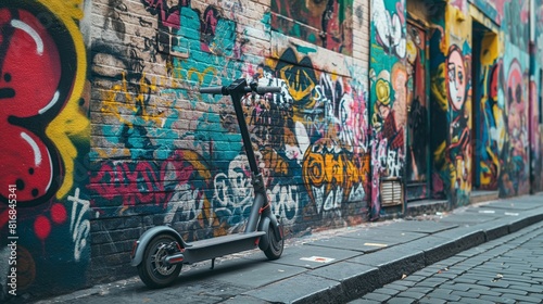 Electric scooter parked by graffiti-covered wall.