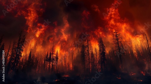 Wildfire engulfing forest with towering flames and smoke.