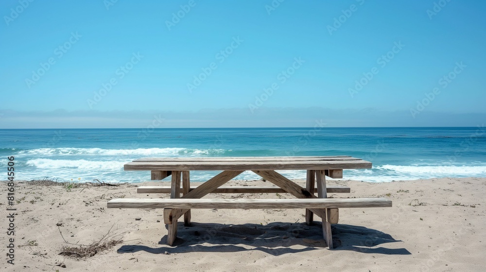 Wooden picnic table on sandy beach with ocean view. Wooden picnic table on sandy beach with ocean view.