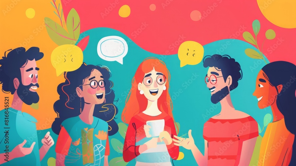 Various individuals engaged in conversation, each depicted with a speech bubble above them, indicating communication. Various individuals engaged in conversation, each depicted with a speech bubble above them, indicating communication.