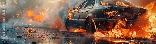 A close-up of a car with a damaged fender or wing on a fire.  photo