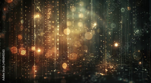 Digital background featuring data streams, binary code, and abstract digital waves with bokeh lights on the sides. © aferalana