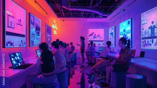 People gathered in a room illuminated by neon lights, sitting and interacting.