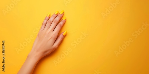 Tender female hand with yellow manicure on bright yellow background.