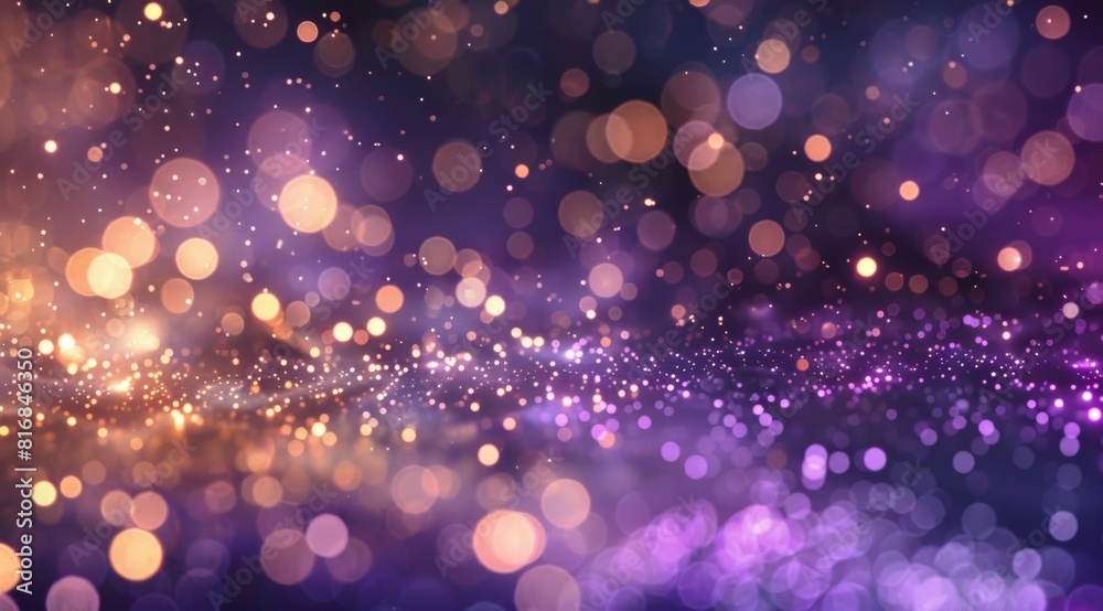 milky way galaxy with bokeh lights in the background, glowing light particles, purple and gold colors 