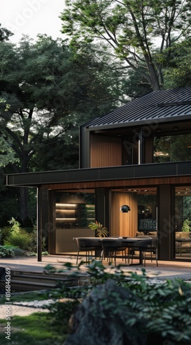 Modern and minimalist country house, black steel structure roof with wood cladding on the sides of two floors, terrace with outdoor dining table surrounded by greenery © aferalana