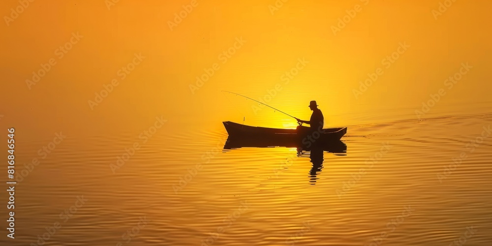 Fototapeta premium The silhouette of a man fishing in a boat on a lake at sunset.