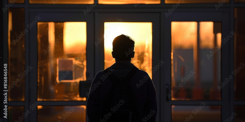 The silhouette of a man standing in front of a door. The silhouette of a man standing in front of a door.