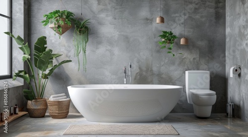 Modern bathroom interior with bathtub, toilet and sink on the wall in gray colour with plants and accessories. © aferalana