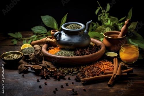 Various spices and herbs are arranged in an assortment on a table. Generative AI
