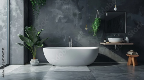 Modern bathroom interior with bathtub  toilet and sink on the wall in gray colour with plants and accessories. 