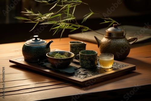 A wooden table is set with a tea pot and cups ready for a tea ritual. Generative AI