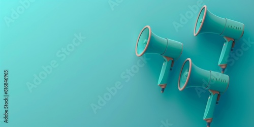 turquesa megaphones on turquoise background. 3d rendering.