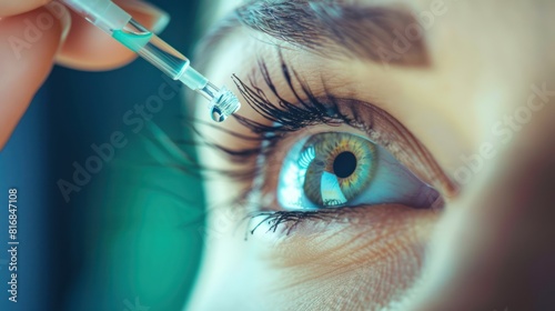 Woman using eye drops to treat eyes photo