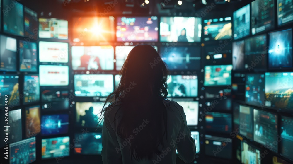 Woman surrounded by multiple TV screens Woman surrounded by multiple TV screens