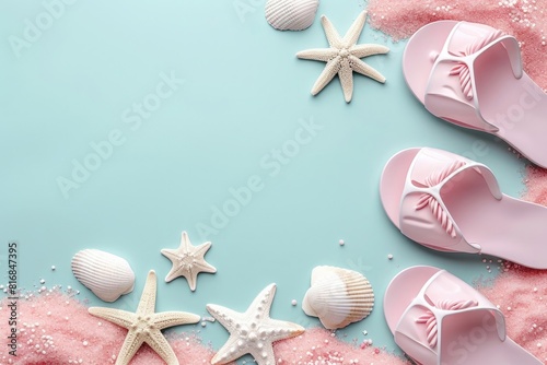 Top view of beach pink flip flops with seashell and starfish on a blue summer background.
