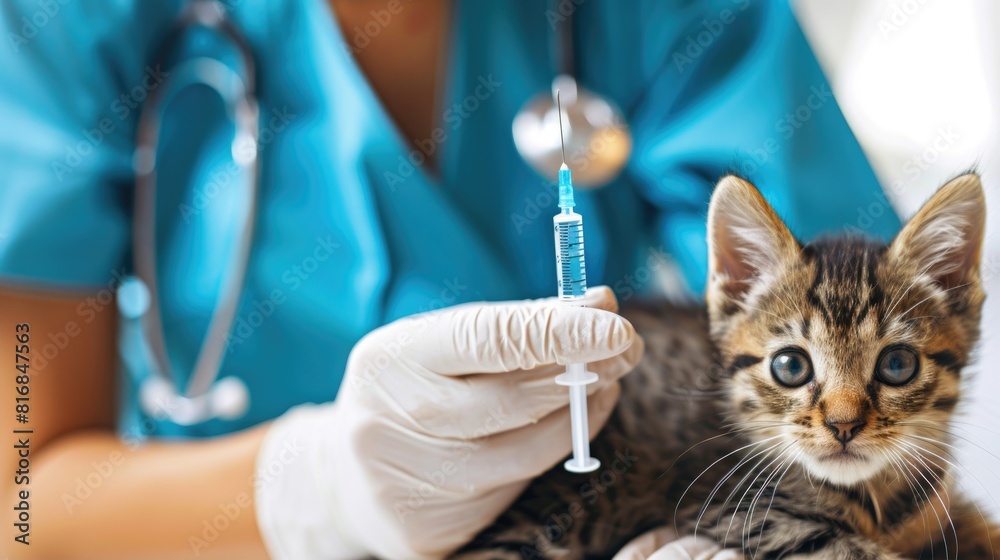Kitten Receiving Vaccination at Vet's Office. A young kitten experiences its first vaccination, held securely by a vet in a reassuring, professional setting Kitten Receiving Vaccination at Vet's Office. A young kitten experiences its first vaccination, held securely by a vet in a reassuring, professional setting