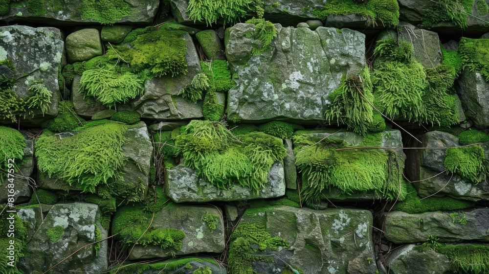 Moss covered stone masonry wall in a state of decay