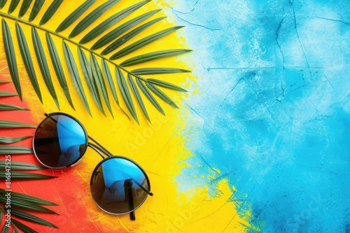 Top view of beach palm leaf with sunglasses on a red, yellow and blue bright summer background.
