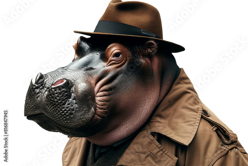 a hippopotamus wearing a detective's trenchcoat and fedora, isolated on transparent background, png file