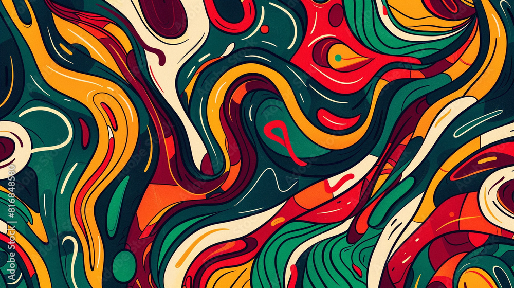 Hand-drawn abstract design with vibrant, swirling shapes in bold, nostalgic colors Hand-drawn abstract design with vibrant, swirling shapes in bold, nostalgic colors