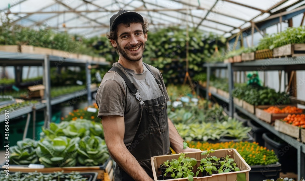 happy young man with plastic crate full of plants standing in greenhouse. male worker working in garden center. happy young man with plastic crate full of plants standing in greenhouse. male worker working in garden center.