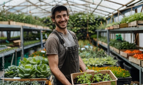 happy young man with plastic crate full of plants standing in greenhouse. male worker working in garden center.