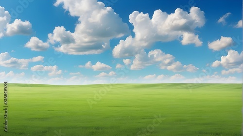 A field with blue skies and green grass