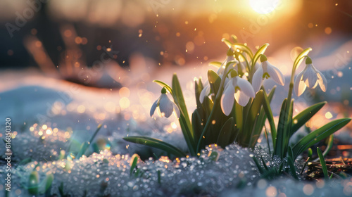 Witness the beauty of snowdrops with grass grow through melting snow, capturing the arrival of spring. AI generative. photo
