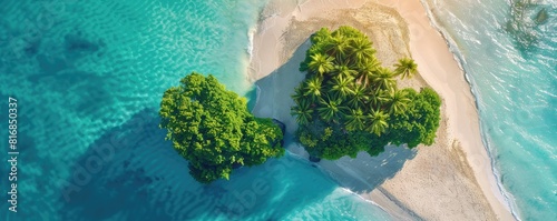 Aerial view of a heart-shaped green island in the ocean. This captivating image showcases the natural beauty and unique shape of the island, surrounded by turquoise waters. photo