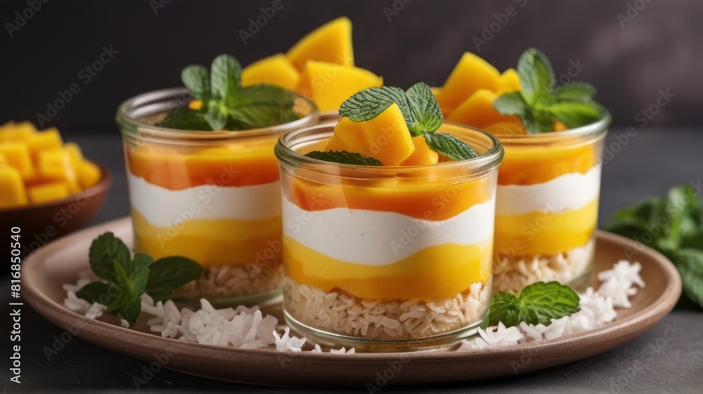 Luxurious dessert with mango, rice, and mint, blank space for your message. Luxurious dessert with mango, rice, and mint, blank space for your message.