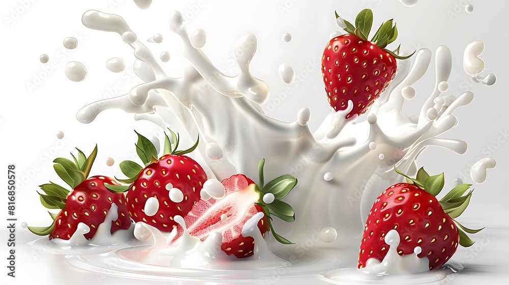 Milk splash with strawberries Isolated on white background Milk splash with strawberries Isolated on white background