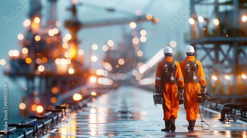 Two oil and gas workers on an industrial platform