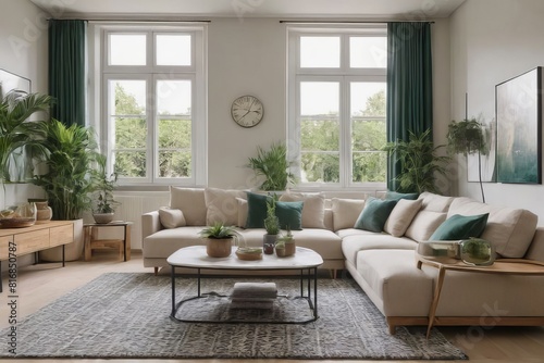 Stylish and sustainable living room with abundant greenery and natural light.