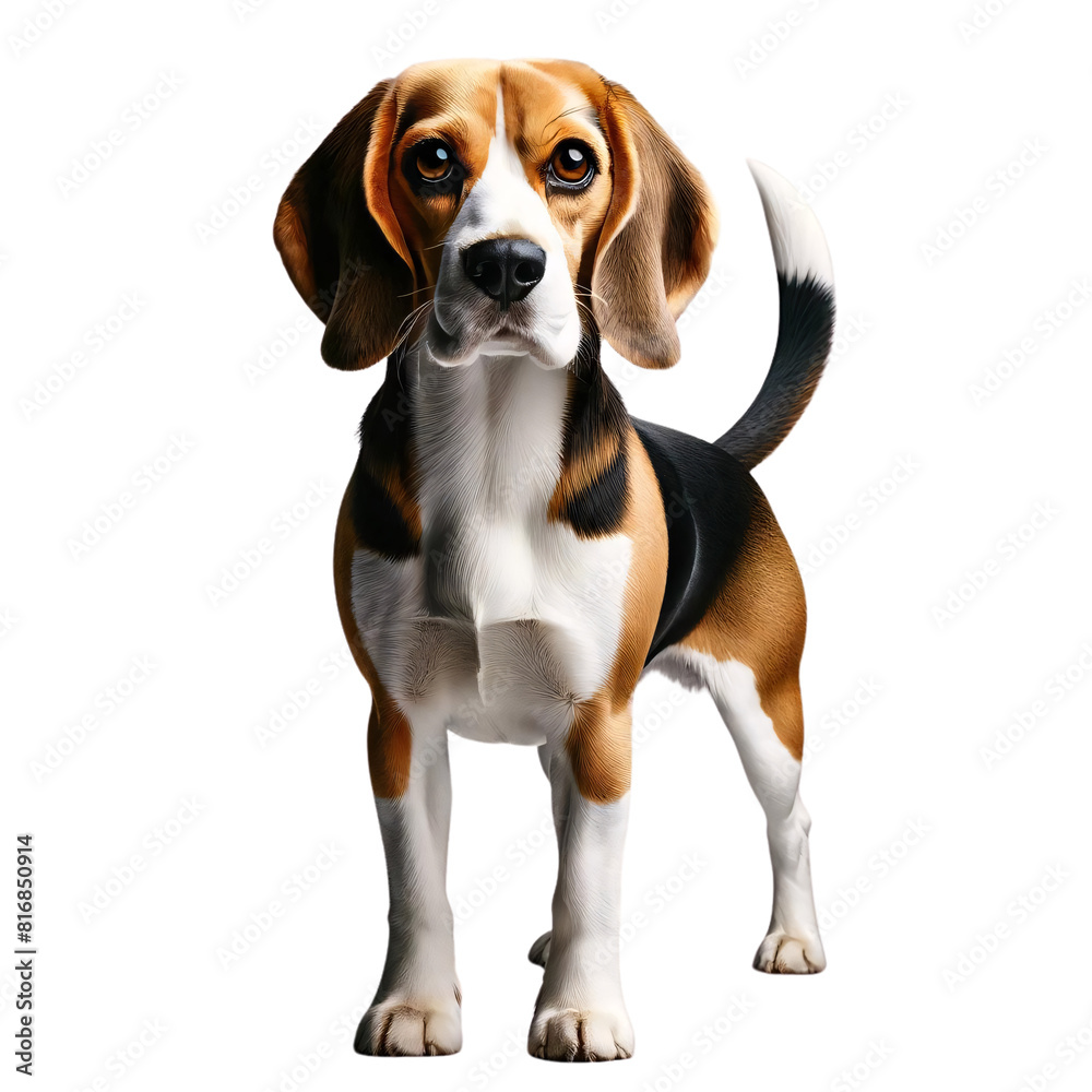 A beagle standing on a transparent background, featuring its typical tri-color coat with areas of black, white, and tan A beagle standing on a transparent background, featuring its typical tri-color coat with areas of black, white, and tan
