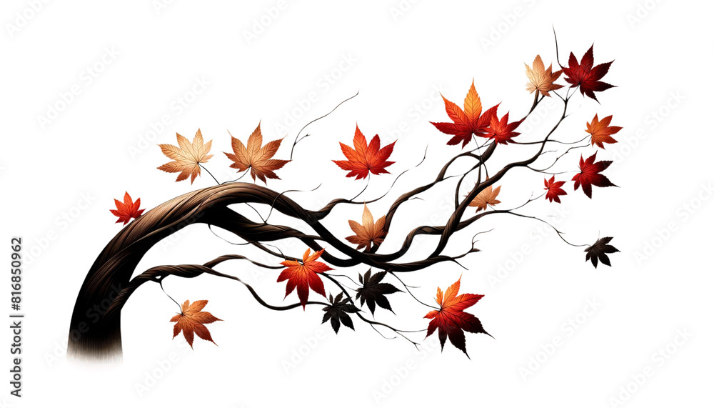 A branch with autumn leaves on a transparent background. The branch should be elegantly curving, rendered in dark brown A branch with autumn leaves on a transparent background. The branch should be elegantly curving, rendered in dark brown