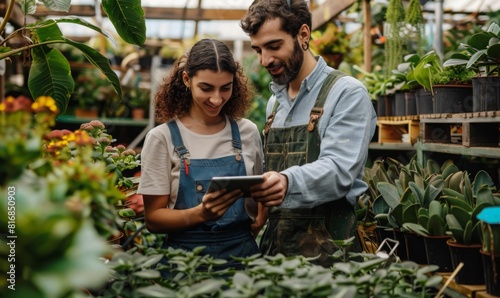 young man and young woman working in garden center looking at a digital tablet. two gardeners checking plant stocks with digital tablet.