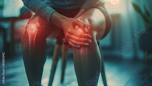 Close-up image of a person's knee showing signs of pain or discomfort.  Ideal for medical and healthcare-related concepts focusing on joint pain, orthopedics, and physical therapy. photo