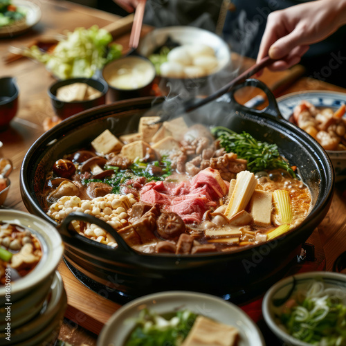 Indulge in the culinary tradition of Sukiyaki with a simmering pot of deliciousness at a festive party. AI generative. photo