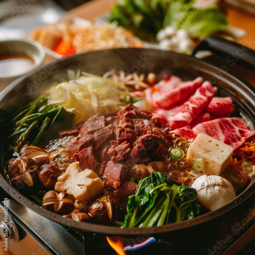 Delight in the aroma of Sukiyaki simmering at a party, a traditional Japanese culinary experience. AI generative. photo
