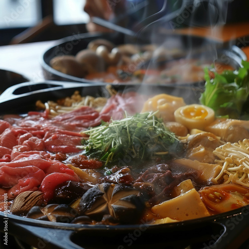 Delight in the aroma of Sukiyaki simmering at a party, a traditional Japanese culinary experience. AI generative. photo