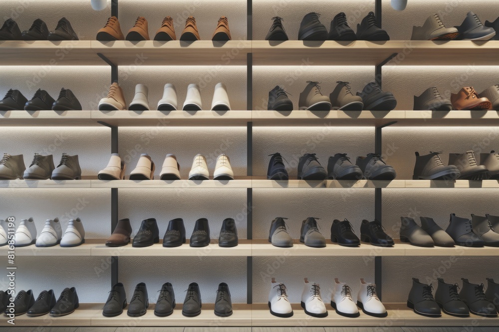 A display case filled with a variety of different types of shoes. Perfect for showcasing footwear collections A display case filled with a variety of different types of shoes. Perfect for showcasing footwear collections