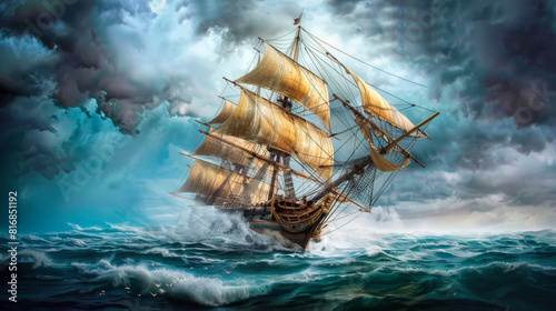 A majestic sailing ship in the middle of a stormy sea, with dramatic clouds and waves crashing around it