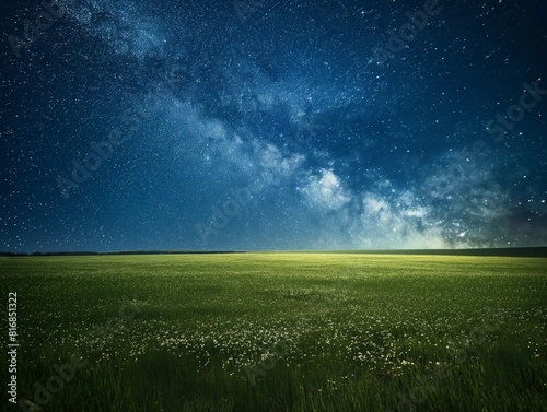 A breathtaking view of a vast green field under a starry night sky. The Milky Way is clearly visible, creating a serene and magical atmosphere.